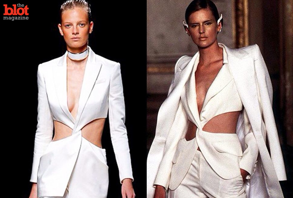 Copycat couture: Oliver Rousteing for Balmain 2015 vs. Alexander McQueen for Givenchy 1997. (Image from VFILES Instagram) 