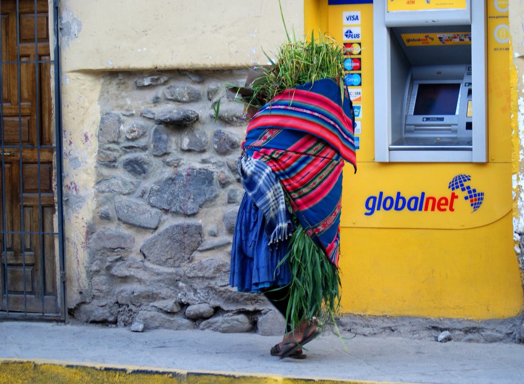 A local woman from Ollantaytambo carries grass to feed her guinea pigs. The guinea pigs will feed her family. (photo by Kirsten Koza)