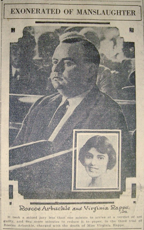 A newspaper scan of outcome of Fatty Arbuckle's infamous third trial. (Wikipedia photo)