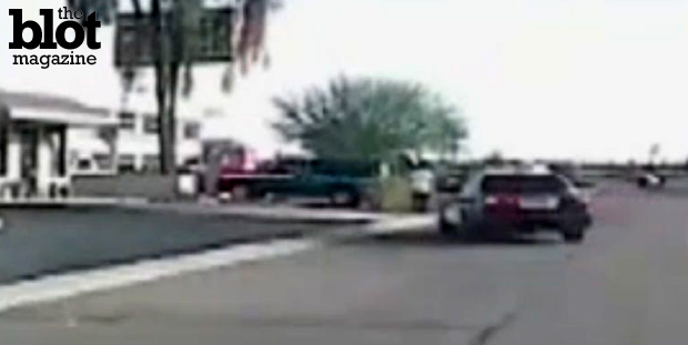Dashcam video released on Tuesday shows Tucson-area cop Michael Rapiejko driving into rifle-wielding crime spree suspect Mario Valencia in February. (fox6now.com photo) 
