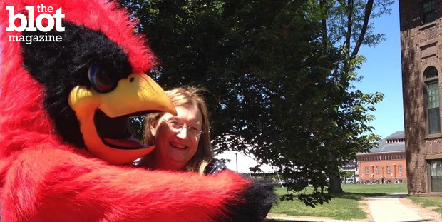 Transgender author and activist Jennifer Finney Boylan received the Wesleyan University Distinguished Alumna award, 35 years after she graduated as a man. Here she is with the school's Cardinal mascot. (Photo courtesy Jennifer Finney Boylan)
