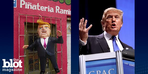 Batter up! After Donald Trump accused Mexicans of being criminals and racists, Mexican artist Dalton Avalos-Ramirez created a piñata in his likeness. (From left: Dalton Avalos-Ramirez/Twitter photo; Gage Skidmore/Flickr Creative Commons photo) 