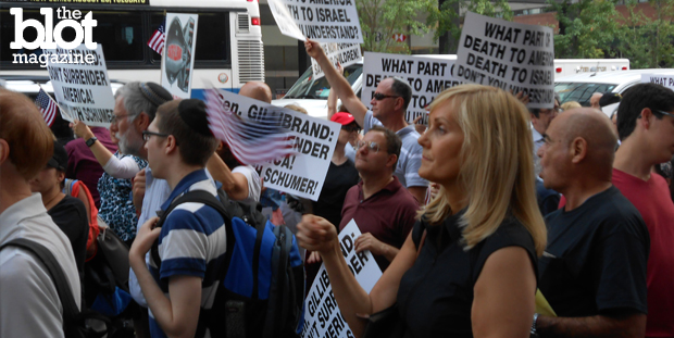 Politicians and activists gathered outside Sen. Kirsten Gillibrand’s Manhattan office Tuesday protesting the Iran nuke deal they say is a threat to Israel. (Photo by Noah Zuss)