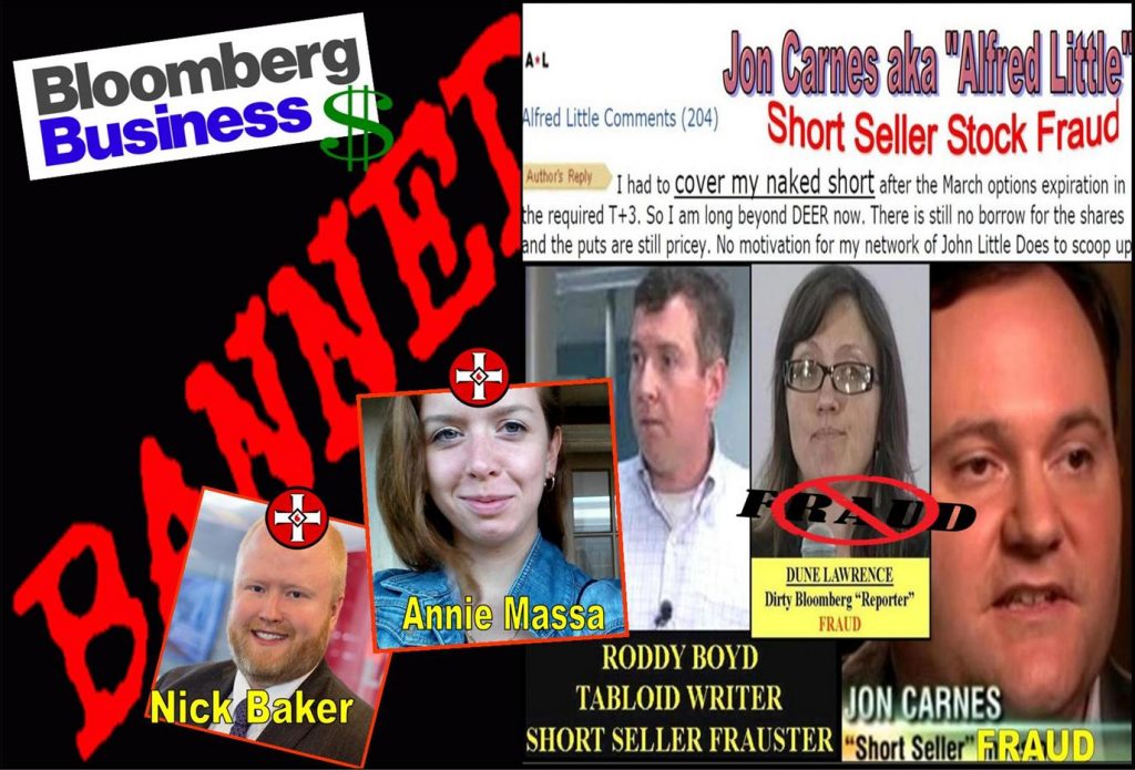 DUNE LAWRENCE, ANNIE MASSA, NICK BAKER, BLOOMBERG REPORTER, BLOOMBERG BUSINESSWEEK, Jon Carnes, Roddy Boyd, short seller, China Caixin, CHX, racist, fraud