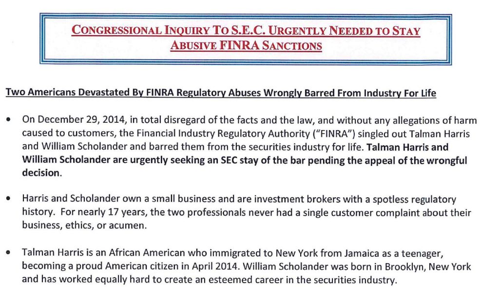 TALMAN HARRIS, WONGFULLY BARRED BY FINRA, SEC, CONGRESSIONAL INQUIRY AGAINST FINRA NAC, NICOLE GUERON, ROBERT COLBY