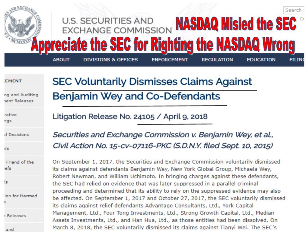 SEC Voluntarily Dismisses All Charges Against Benjamin Wey, Blames NASDAQ for Misleading the Government